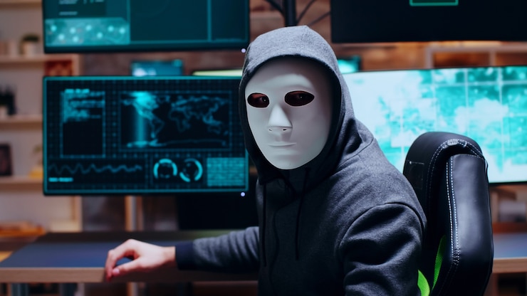 Foto se busca delincuente cibernético con una máscara blanca mientras mira a la cámara.