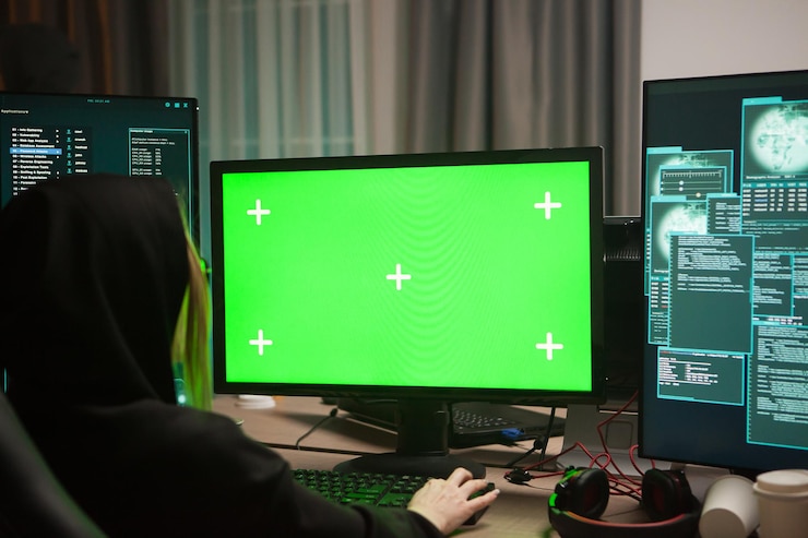 Foto se busca hacker femenina frente a la computadora con pantalla verde. cuarto oscuro.