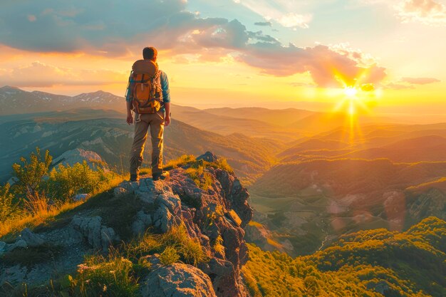 Buscador de aventuras capturando la serenidad de la puesta de sol en las montañas de verano