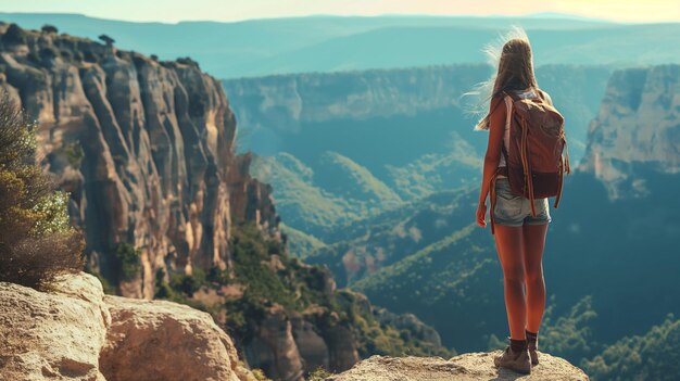 Buscadora de aventuras Mujer con equipo de senderismo de pie en el borde de un acantilado impresionante