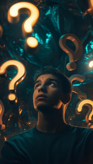 Buscando claridad joven flotando signos de pregunta