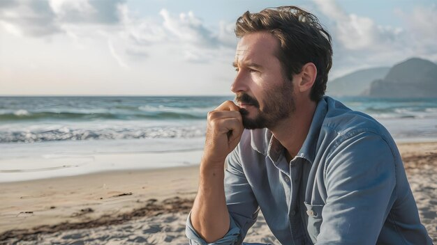 Buscando la felicidad Un hombre perdido en sus pensamientos en la playa Concepto Felicidad en la playa Perdido en sus pensamientos Retrato de un hombre