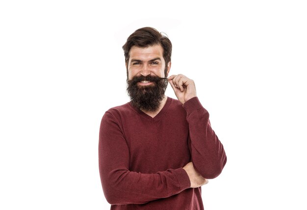Buscando un hombre brutal de cuidado facial de moda aislado en blanco hipster de hombre barbudo maduro toca su bigote peluquería hipster después de barbería moda masculina y belleza barba cuidado del cabello