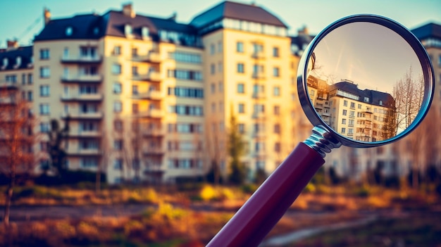 Foto buscando nueva casa para comprar mercado de vivienda de alquiler lupa cerca de edificio residencial ia generativa