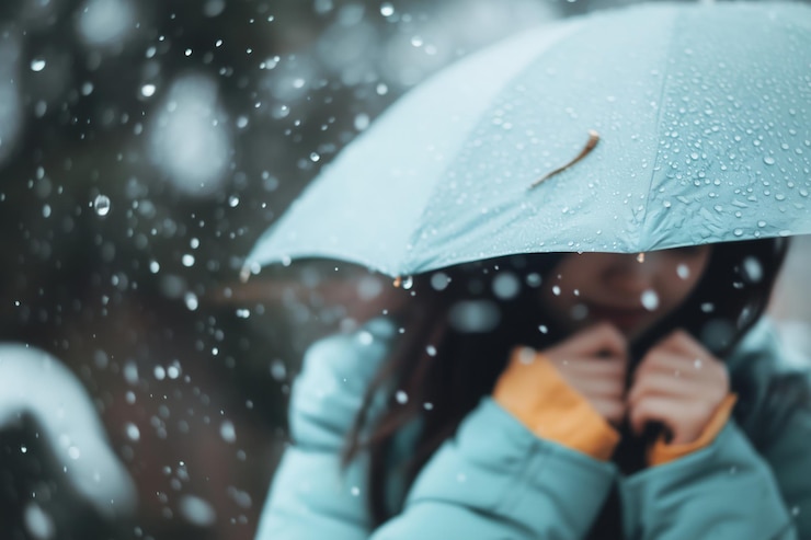 Buscando refugio Una mujer con una chaqueta azul y una bufanda naranja busca refugio de la nieve que cae bajo un paraguas azul El enfoque suave crea una sensación de tranquilidad y paz