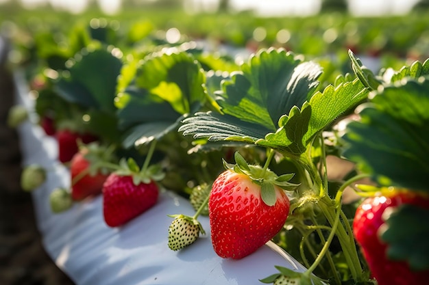 Busch reifer Bio-Erdbeeren im Garten Beerennahaufnahme Generative KI