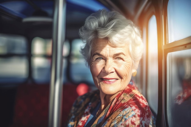 Busfahrt einer alten Frau im Sonnenlicht Stadttourist Generieren Sie Ai