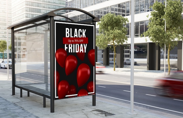 Foto bushaltestelle schwarzer freitag plakatwand auf der straße 3d-rendering