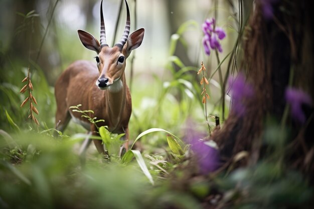 Foto bushbuck passando furtivamente por orquídeas selvagens