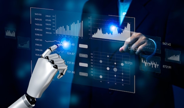 Business 3D Rendering Inteligencia Artificial (AI) Diagrama de Big Data Gráfico de pantalla virtual Análisis económico y inversión Finanzas y marketing Inteligencia de negocios Concepto de BI
