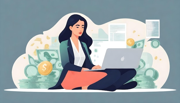 Business Analytics Mulher Ilustração vetorial Laptop Dinheiro e Pensamento Profundo