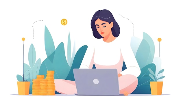 Business Analytics Mulher Ilustração vetorial Laptop Dinheiro e Pensamento Profundo