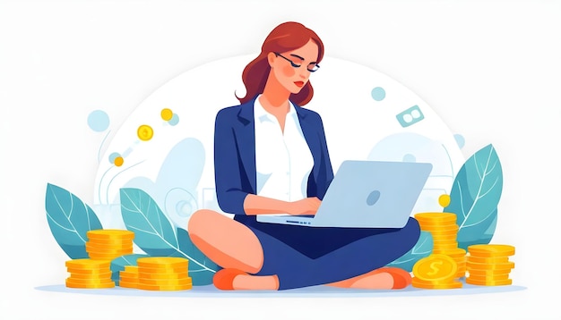 Business Analytics Mulher Ilustração vetorial Laptop Dinheiro e Pensamento Profundo