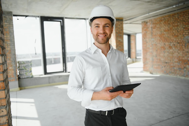 Business-Architekt-Mann mit Hardhat-Stellung eines Bauvorhabens