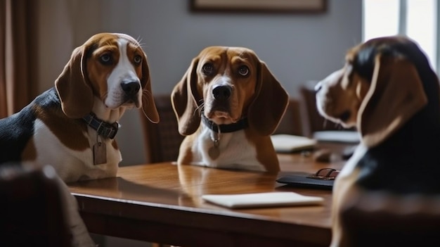 Foto business-beagle-team-gesprächs-beagle, der ein bürotreffen leitet, und generative ki