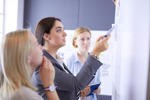 Foto business education und office concept business team mit flipboard im büro, das etwas bespricht