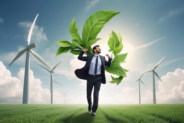 Business going green Umwelt umweltfreundlich in der Klimawandelkrise oder Nachhaltigkeitskonzept kluger Geschäftsmann mit Wind