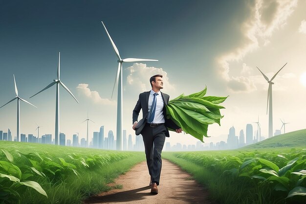 Business going green Umwelt umweltfreundlich in der Klimawandelkrise oder Nachhaltigkeitskonzept kluger Geschäftsmann mit Wind