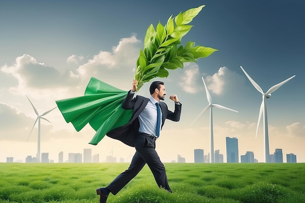 Business going green Umwelt umweltfreundlich in der Klimawandelkrise oder Nachhaltigkeitskonzept kluger Geschäftsmann mit Wind