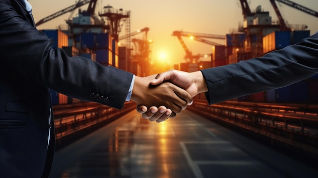 Foto business handshake amidst fast shipping and cargo freight generative ai