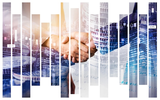 Business-Handshake auf Finanzwohlstand und Geld-Technologie-Asset-Hintergrund