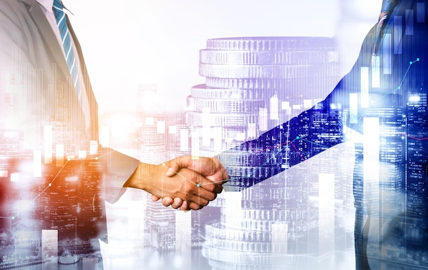 Business-Handshake auf Finanzwohlstand und Geld-Technologie-Asset-Hintergrund