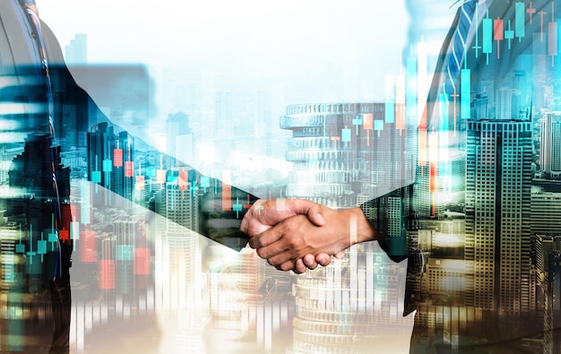 Foto business-handshake auf finanzwohlstand und geld-technologie-asset-hintergrund