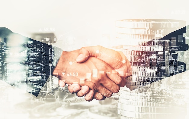 Business-Handshake auf Finanzwohlstand und Geld-Technologie-Asset-Hintergrund