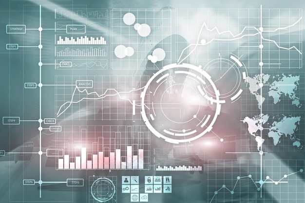 Foto business intelligence bi key performance indicator kpi analyse dashboard transparenter, unscharfer hintergrund