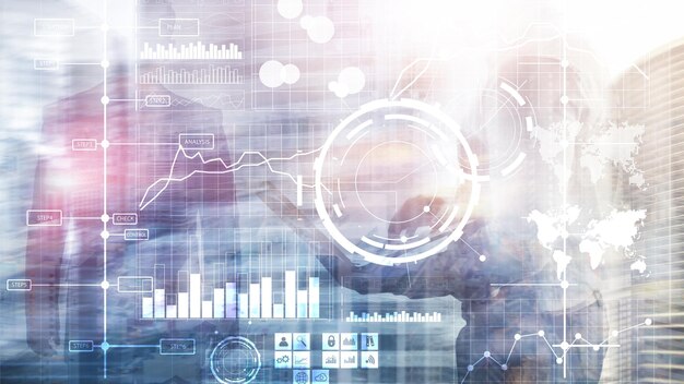 Foto business intelligence bi key performance indicator kpi analyse dashboard transparenter, unscharfer hintergrund