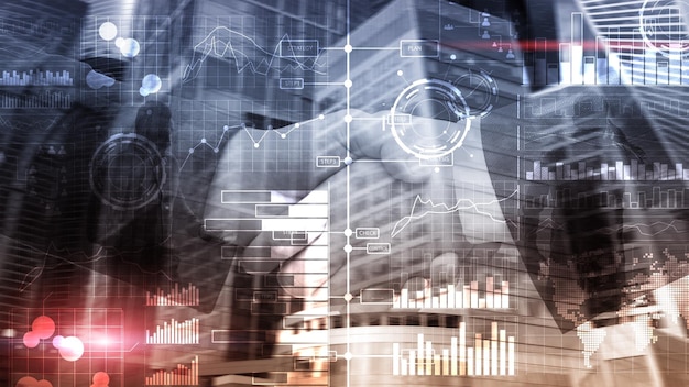 Business-Intelligence-Diagramm-Diagramm Aktienhandel Investitions-Dashboard transparenter, unscharfer Hintergrund