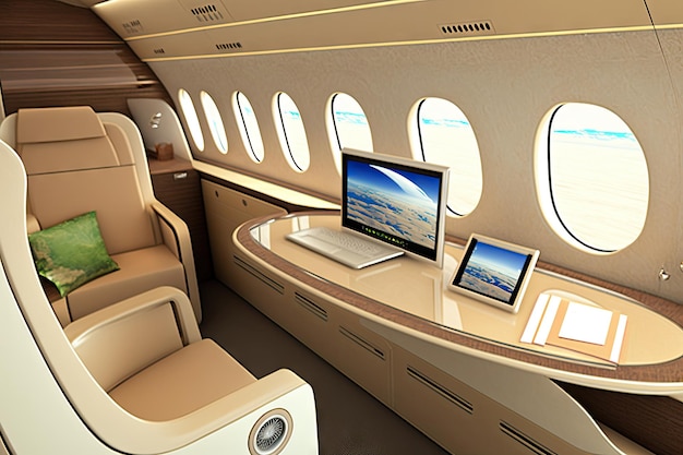 Business-Jet-Flugzeugkabine mit luxuriösen Sitzgelegenheiten und Hightech-Geräten