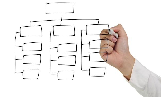 Foto business-konzept-bild eines hand-holding-marker und zeichnen sie ein leeres organisationsdiagramm