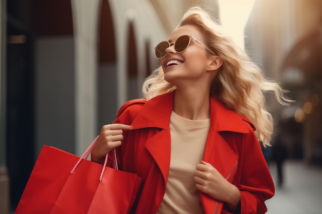 Business Lifestyle Konsum- und Einkaufskonzept Glückliche Frau mit Einkaufstüten beim Einkaufen