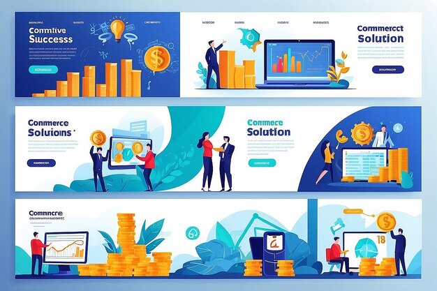 Business-Success-Solution-Vektor-Illustrations-Set Kreative Konzept-Banners für Website-Design mit Commerce-Succes-Lösungen für Investitionen