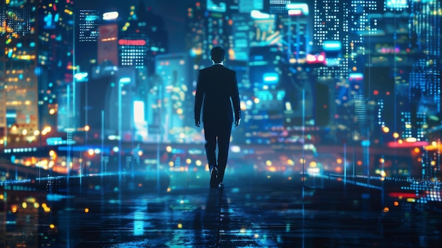 Business-Technologie-Konzept Professioneller Geschäftsmann, der auf der Zukunft Bangkok Stadt Hintergrund und futuristische Schnittstelle Grafik in der Nacht Cyberpunk Farbstil