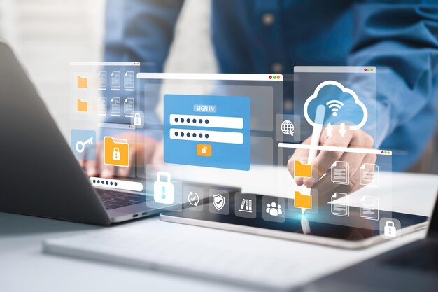 Business technology cloud computing service and file upload backup on cloud server storage web login or encryption for security user Cyber Security cloud data protection Safety internet concept
