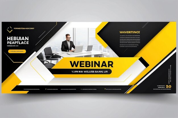 Business Webinar horizontale Banner-Vorlage Design Modernes Banner-Design mit schwarz-weißem Hintergrund und gelber Rahmenform