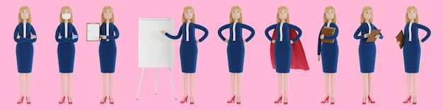 Foto business woman charakter in verschiedenen posen eine frau in business-kleidung eine 3d-illustration eines firmenangestellten im cartoon-stil