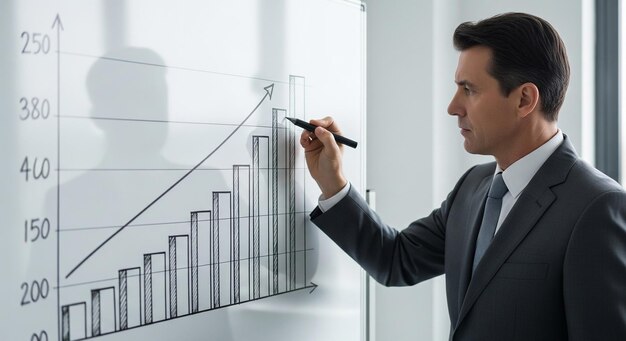 Businessman analyzing financial data and charts on a whiteboard
