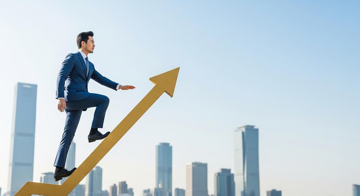 Businessman climbing a golden arrow representing career success