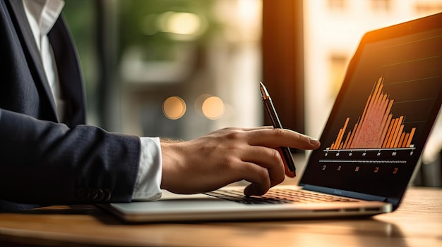 Businessman Hand mit Laptop im Hintergrund zukünftiges Geschäftswachstum Pfeildiagramm