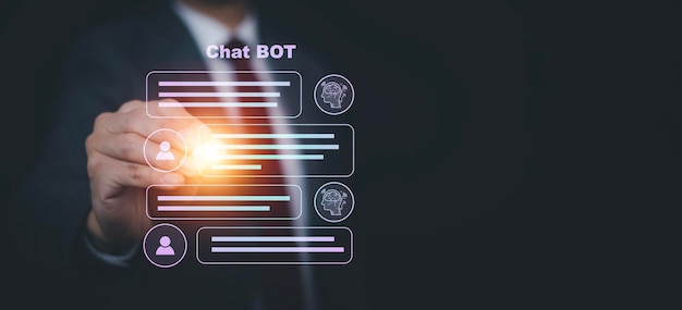 Businessman Hand touch Chat bot Chat con AI Sistema de inteligencia artificial Inteligencia artificial un chatbot de inteligencia artificial Chatbot digital Conversación de aplicación de robot