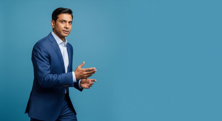 Businessman in a blue suit posing with hands out
