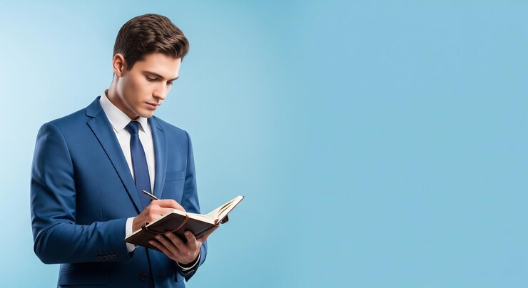 A businessman in a blue suit taking notes in a notebook