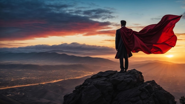 Foto businessman in a suit and cape hero on top of a mountainbusiness success concept