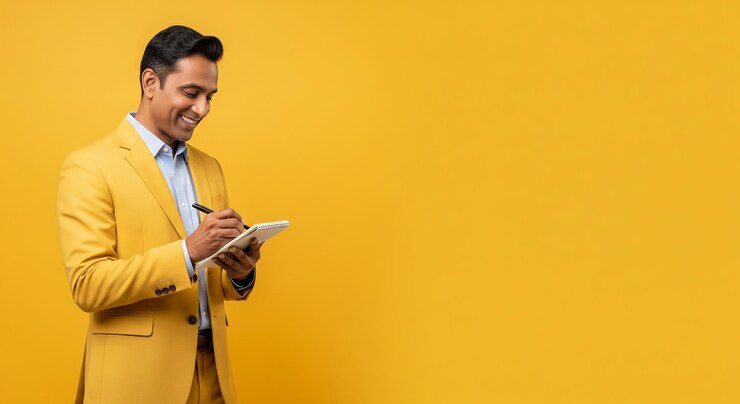 Businessman in yellow suit taking notes on a tablet