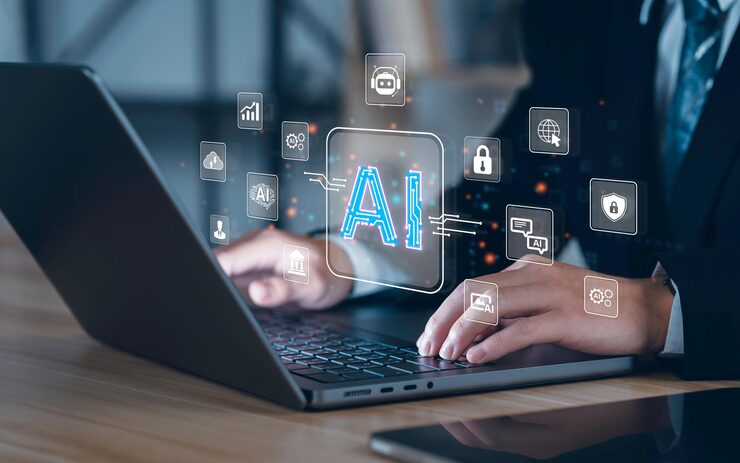 businessman using technology AI for working tools Chat bot Chat with AI using technology smart robot AI artificial intelligence to generate something or Help solve work problems