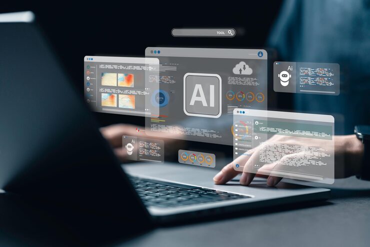 businessman using the website or software technology AI to help and support work for chatbot chat ai generate image write code and data analysis using technology smart robot AI