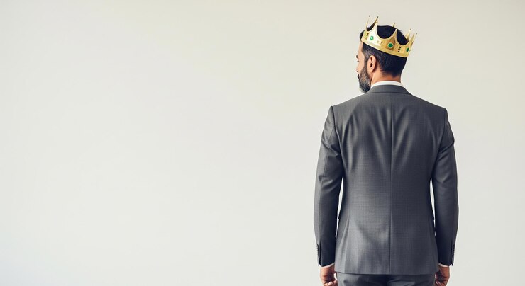 Businessman with a golden crown symbolizing leadership and success